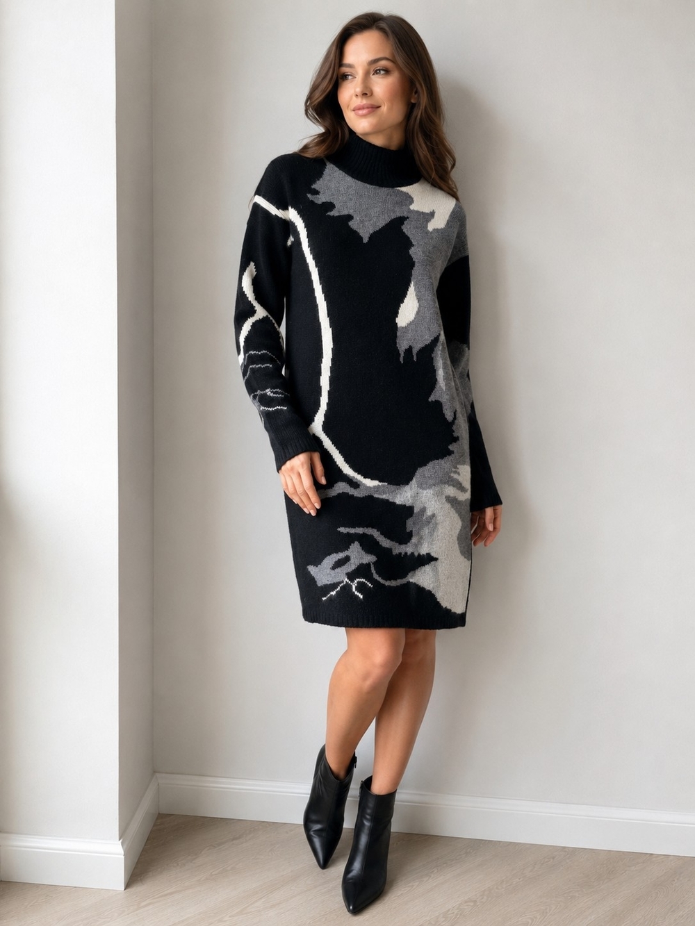M&A Wool Blend Abstract Sweater Dress Size S Black Gray Mock Neck Cozy Italian